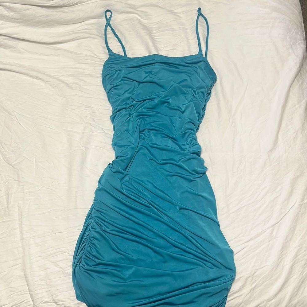Ruched sides aqua blue tight dress